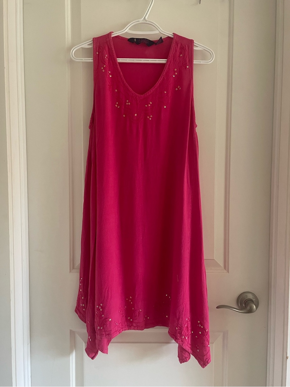 Sleeveless Asymmetrical Embroidered Sequin Dress in Bright Pink